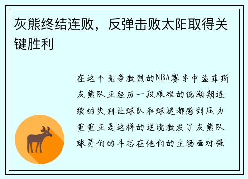 灰熊终结连败，反弹击败太阳取得关键胜利